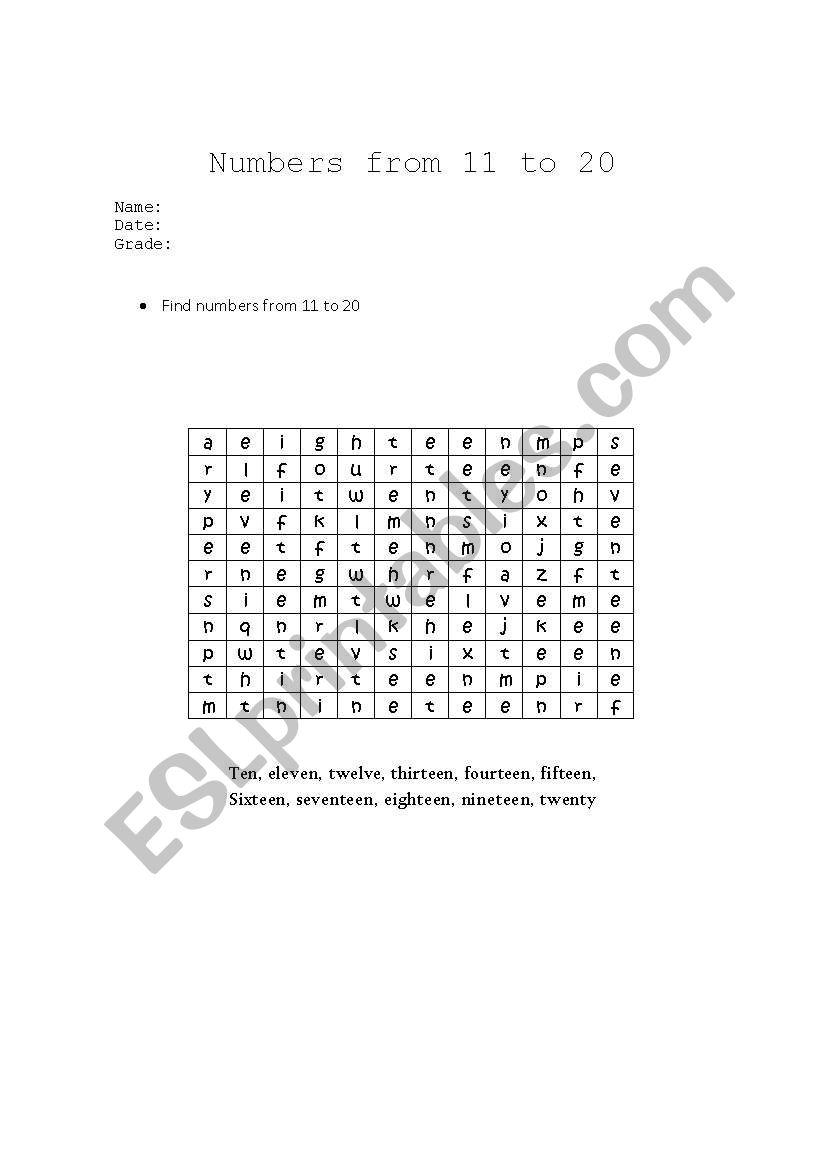 numbers from 1o to 20 worksheet