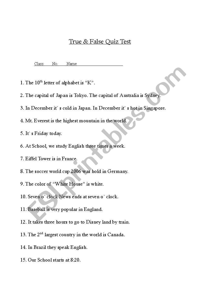 True and False worksheet