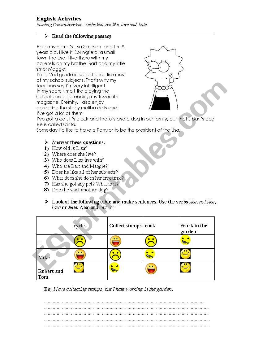 Reading comprehension for elementary and the verbs like, love, hate