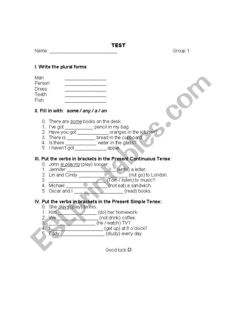 grammar test worksheet