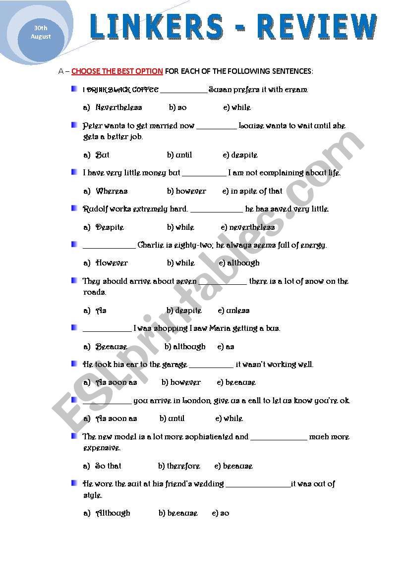 LINKERS - REVIEW worksheet