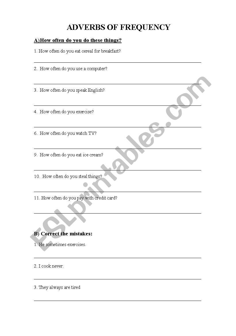 Adverbs of Frequency worksheet