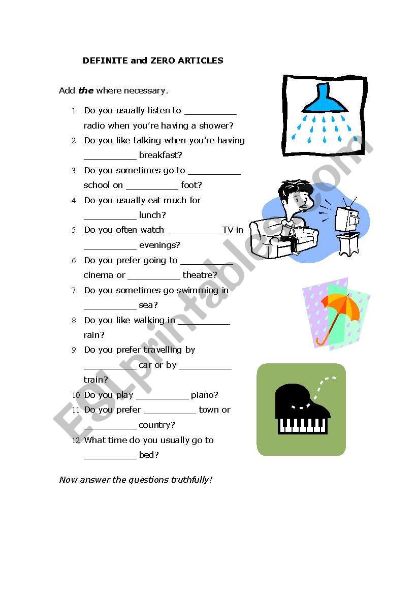 Definite and Zero Articles worksheet