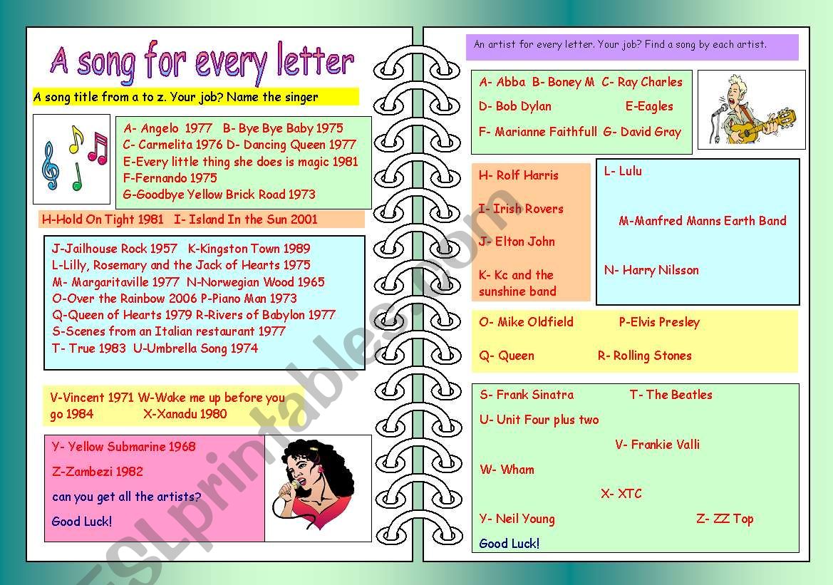 A song for every letter worksheet