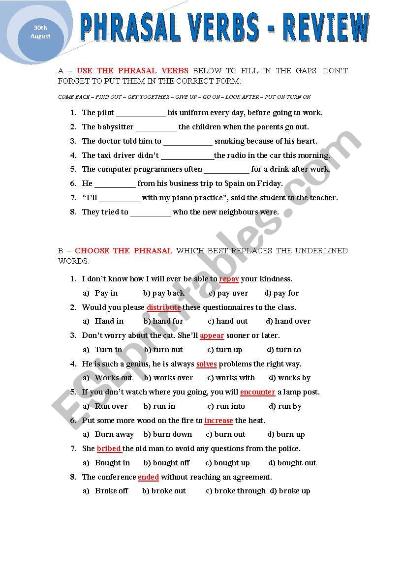 phrasal verbs - review worksheet