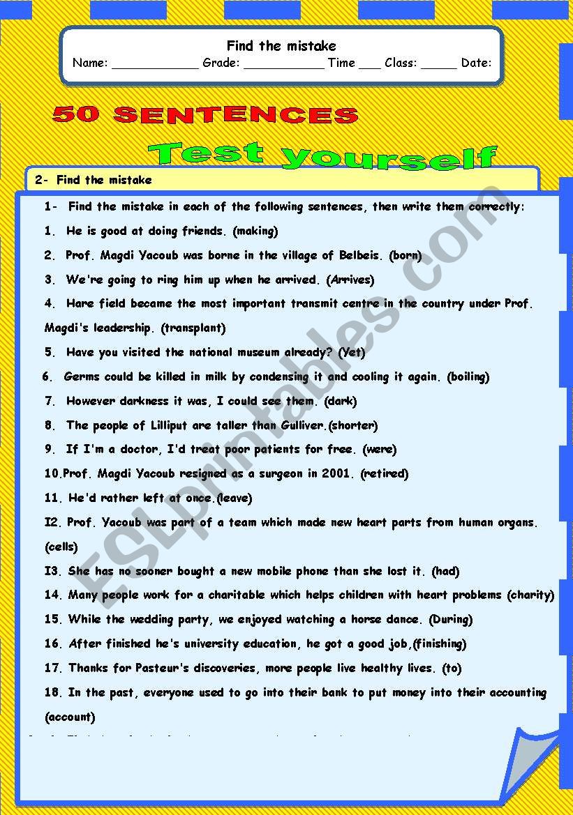 50 sentences (find the mistake)