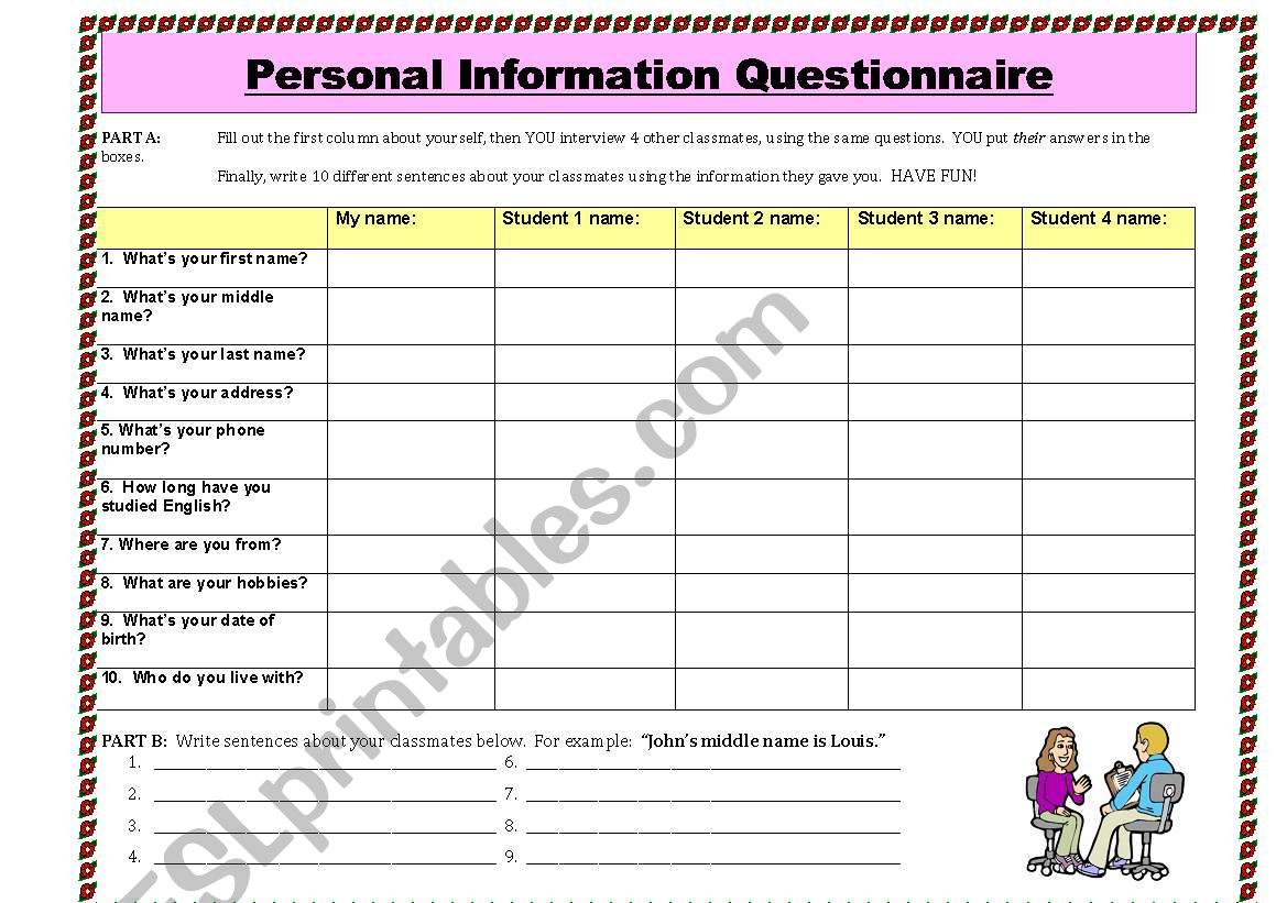 Personal Info Questionnaire worksheet