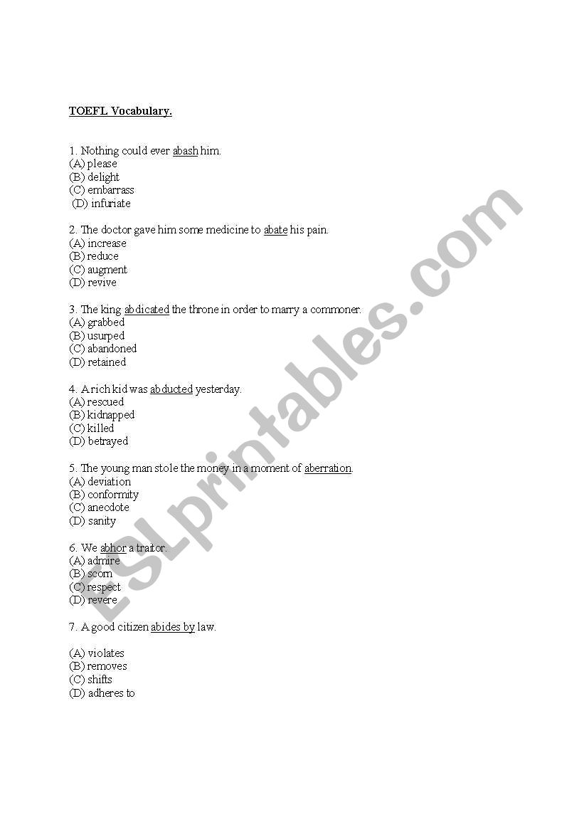 TOEFL Vocabulary worksheet