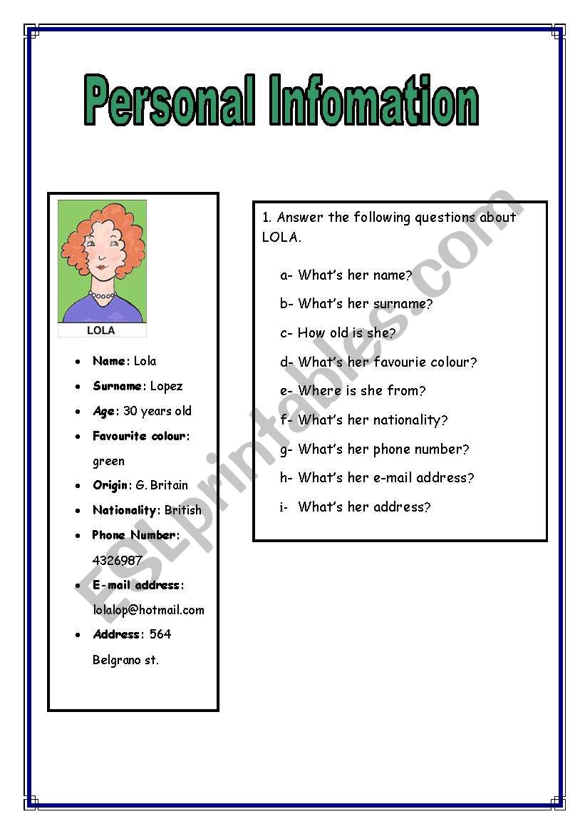 personal information worksheet