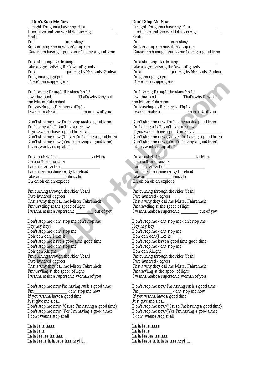 Dont stop me now worksheet