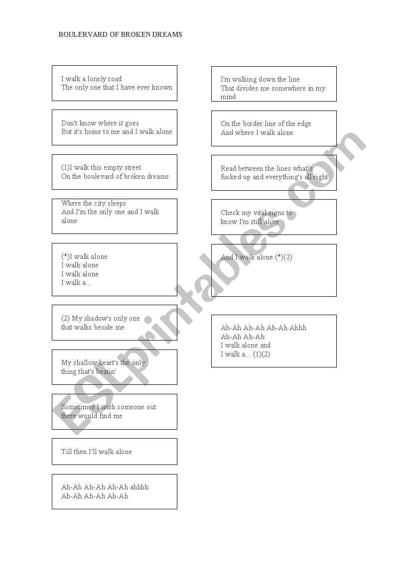 Boulevard of broken dreams worksheet