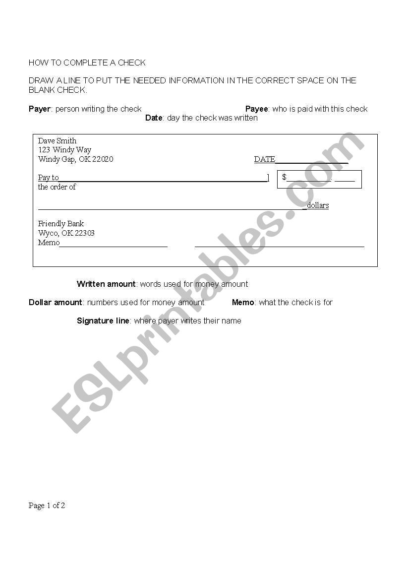 HOW TO COMPLETE A CHECK worksheet
