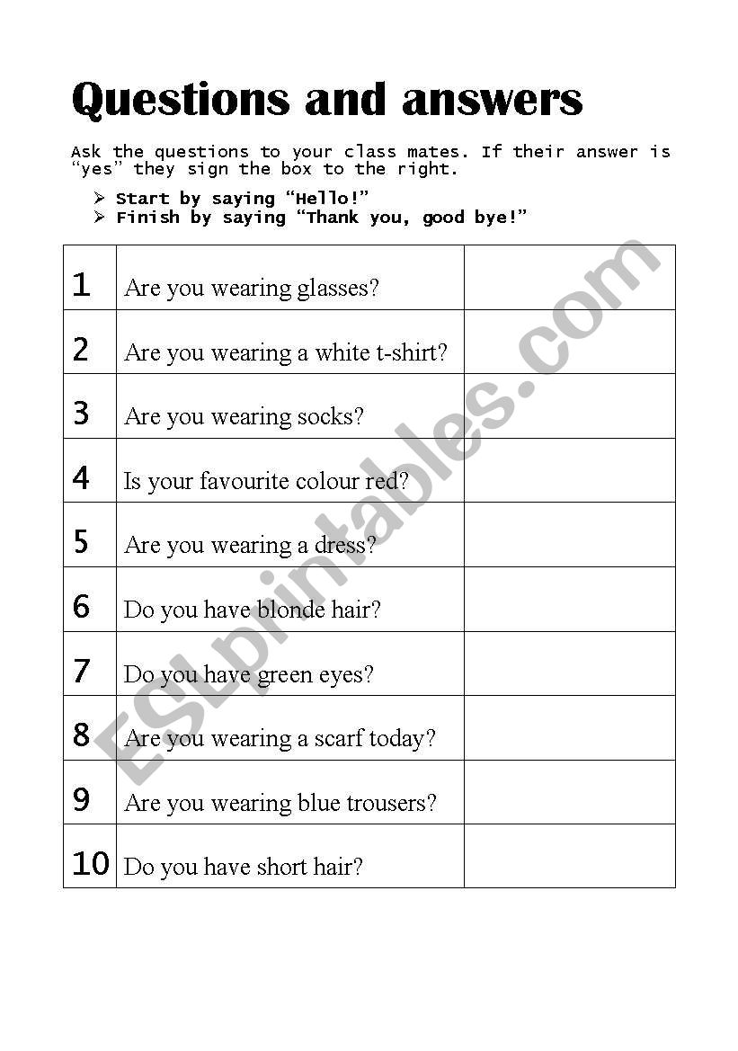 Qs&As clothes colours worksheet
