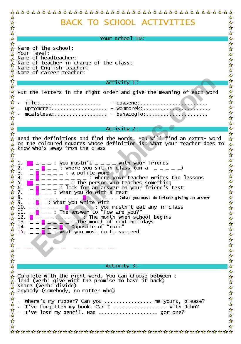 back to school activities worksheet