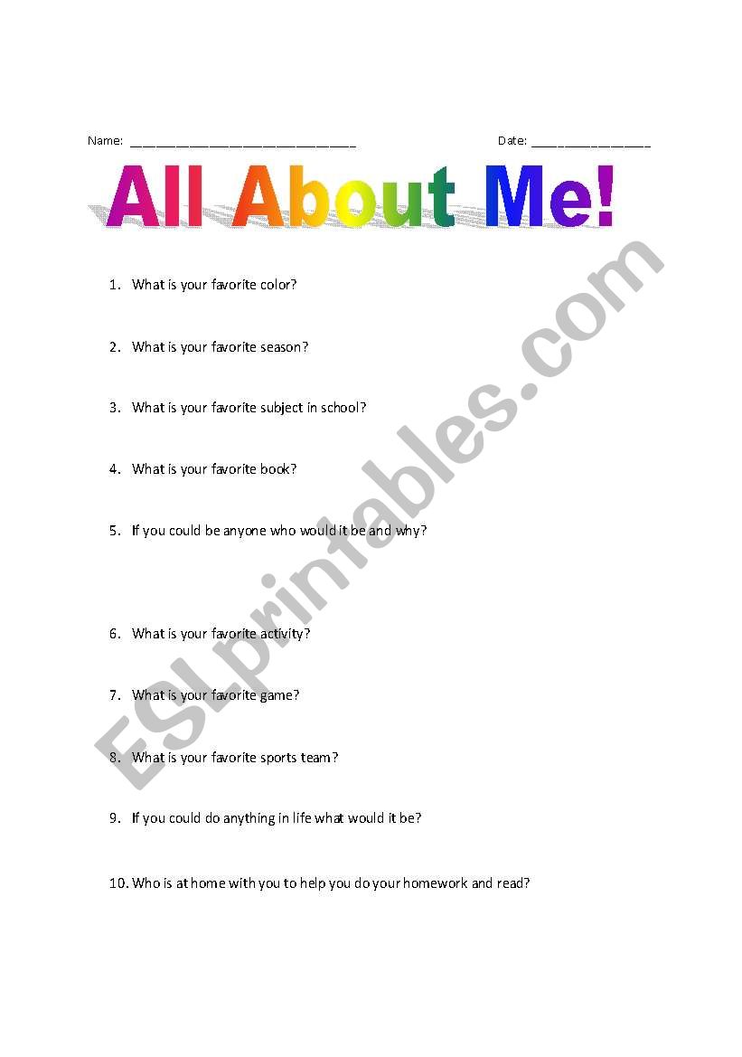 All About Me! worksheet