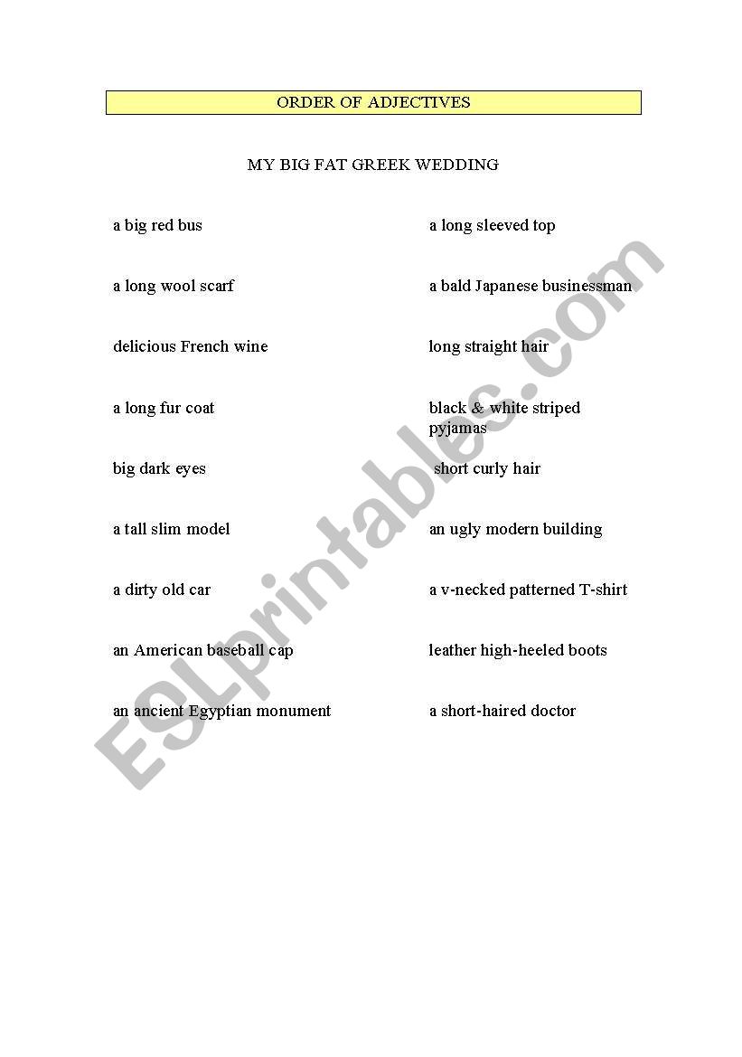 Order of Adjectives worksheet