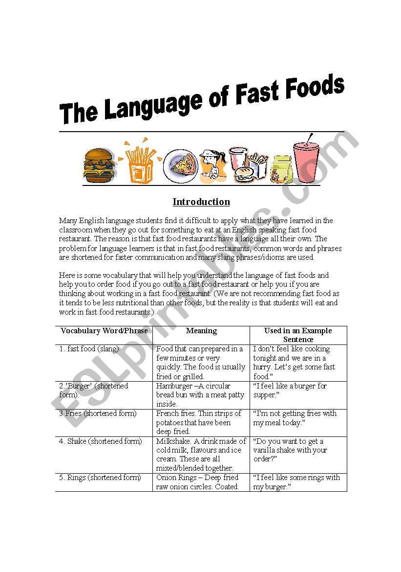 English Used in Fast Food Restaurants - Customers/Workers - Introduction, vocabulary, explanations, example sentences, exercise and answer key