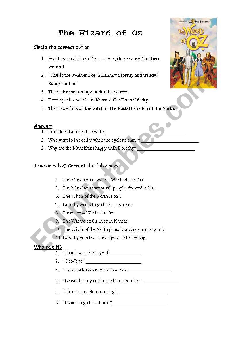 The Wizard of Oz worksheet