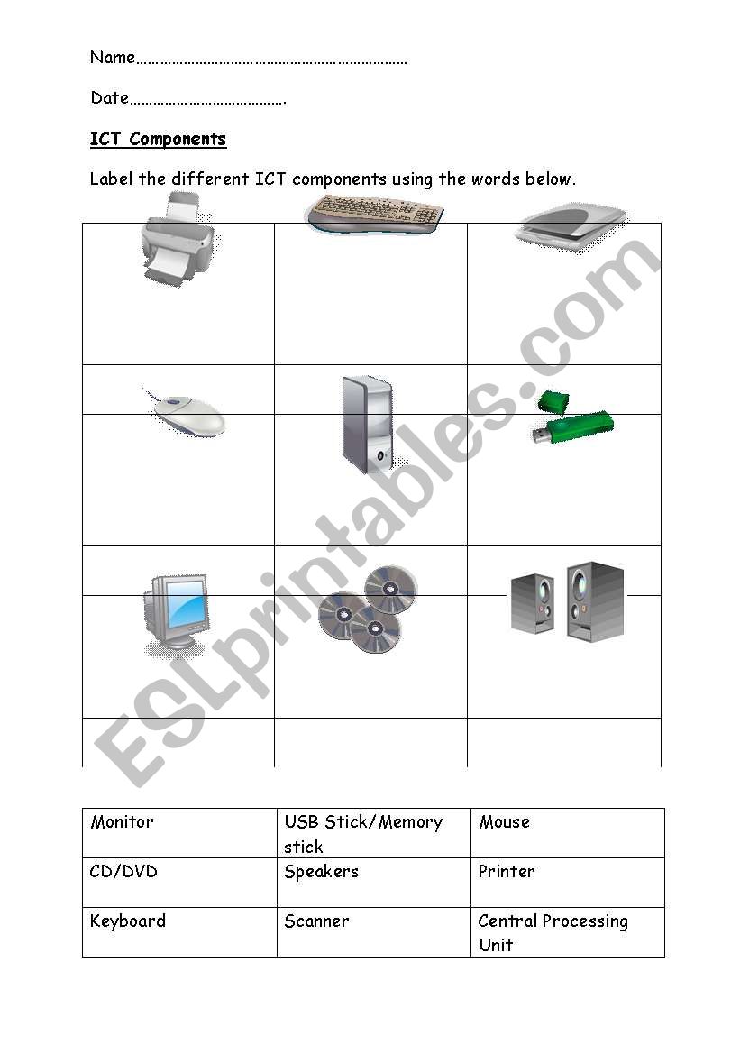 ICT Components worksheet