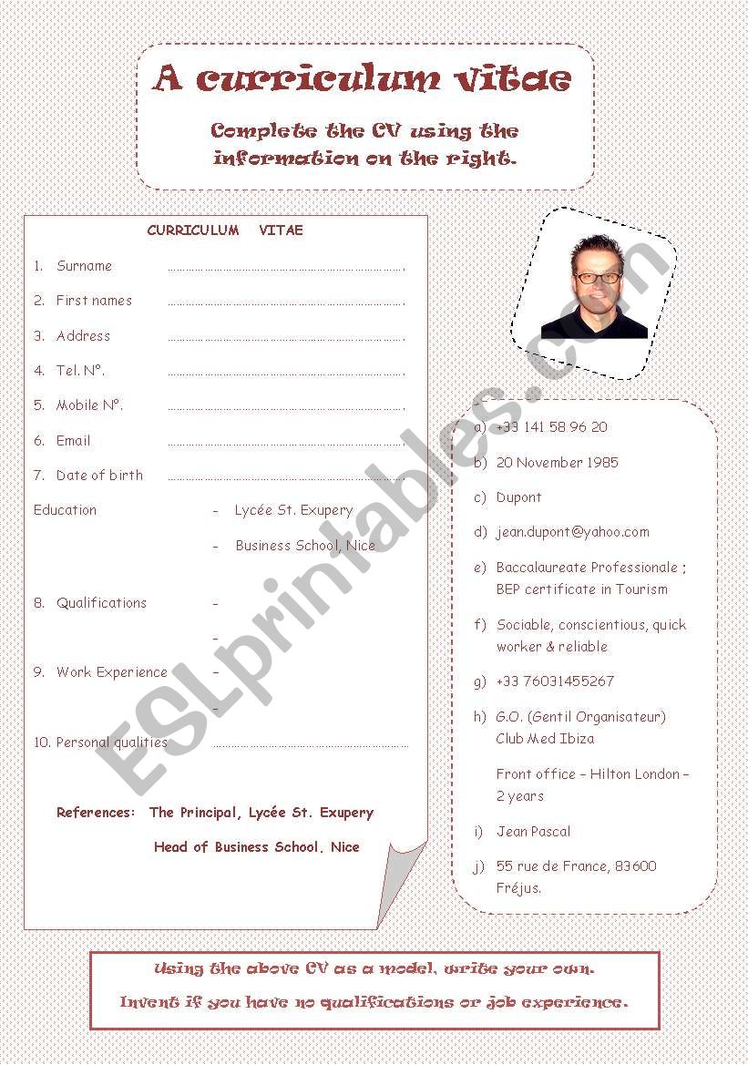 A Curriculum Vitae worksheet