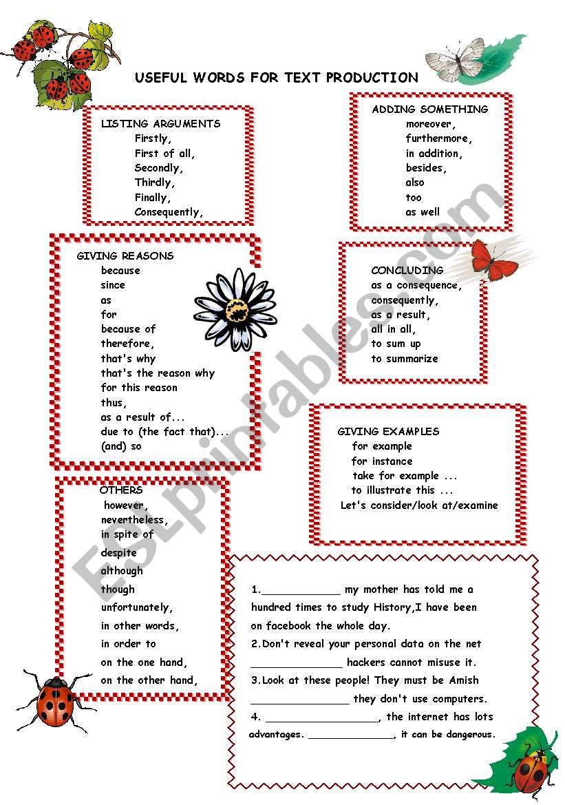 Useful phrases for text production (for giving reasons, listing arguments, adding info, giving examples, concluding)