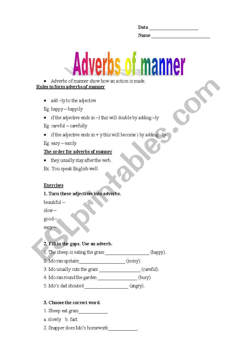Adverbs of manner worksheet