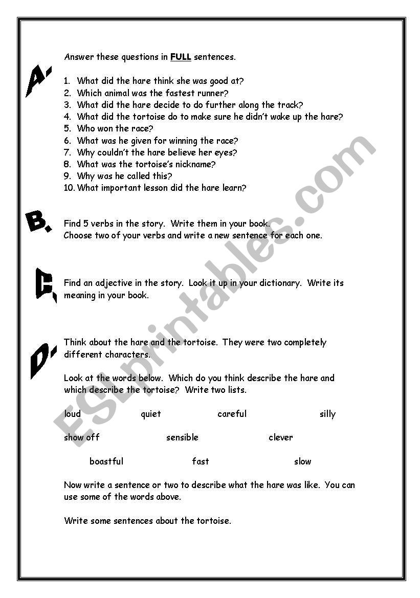 Fables: Hare and Tortoise activity sheet