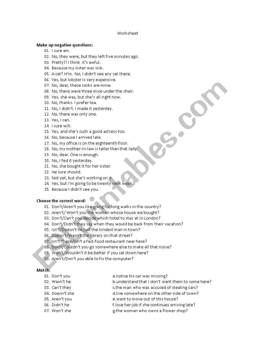 Negative Questions worksheet
