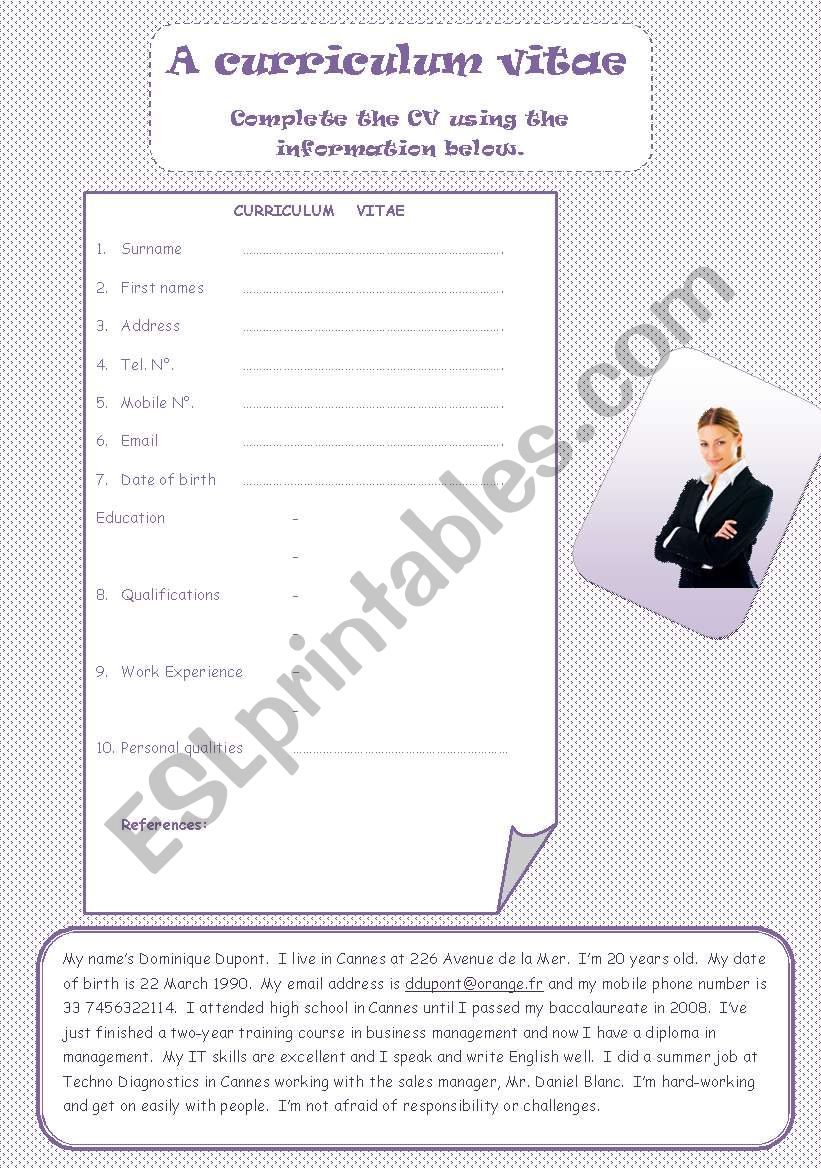 A curriculum vitae 2 worksheet