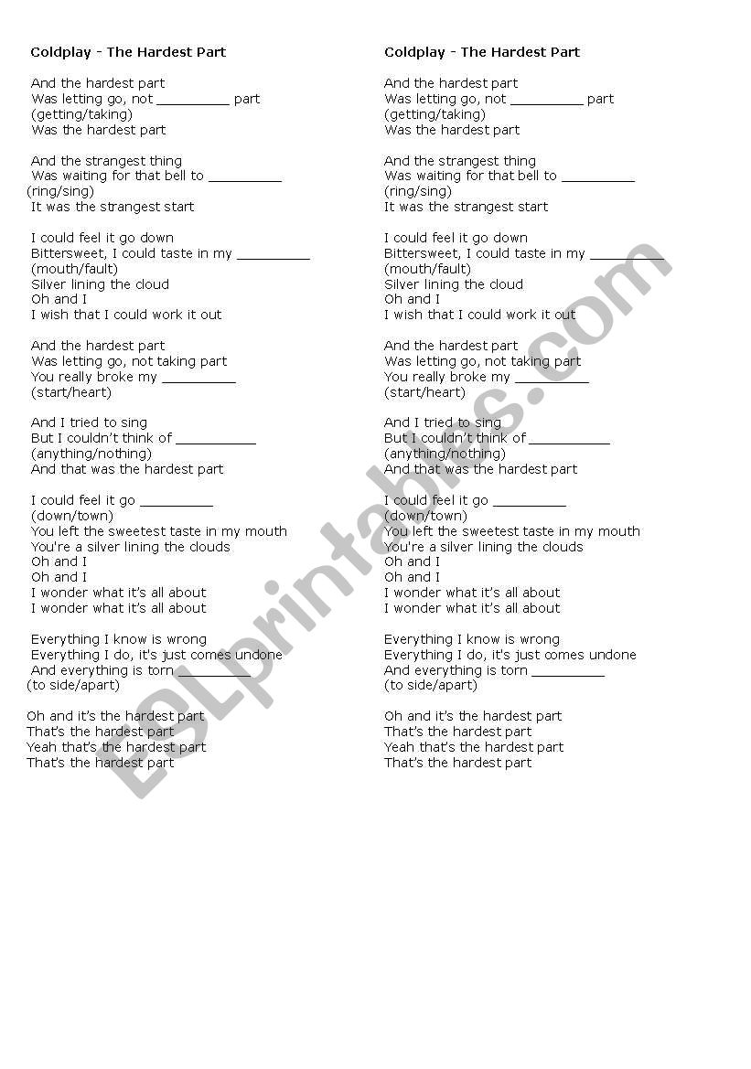 Superlative in a song - The Hardest Part - Coldplay