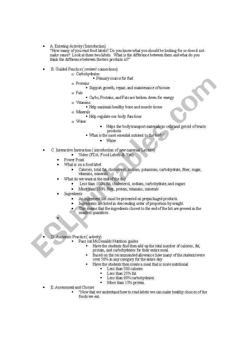 food labels lesson plan worksheet