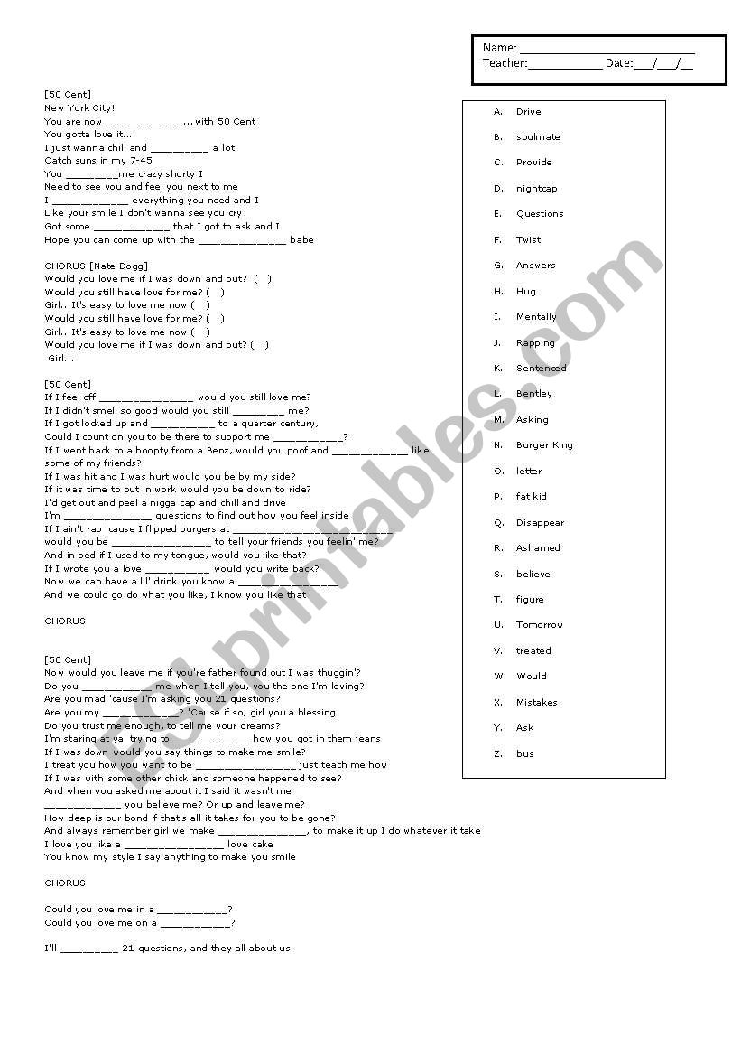 21 Questions by 50 Cent worksheet