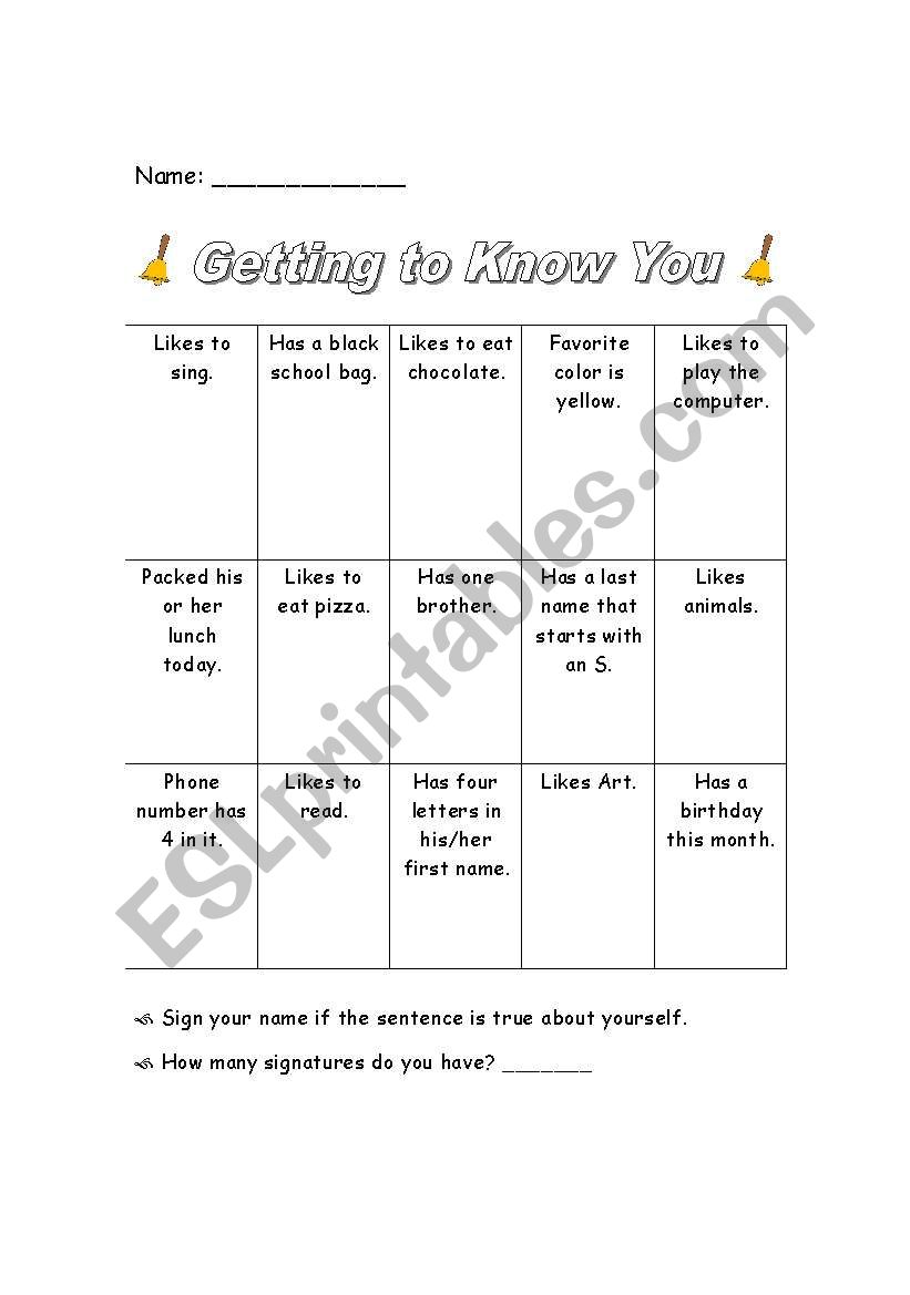 Getting to Know You worksheet