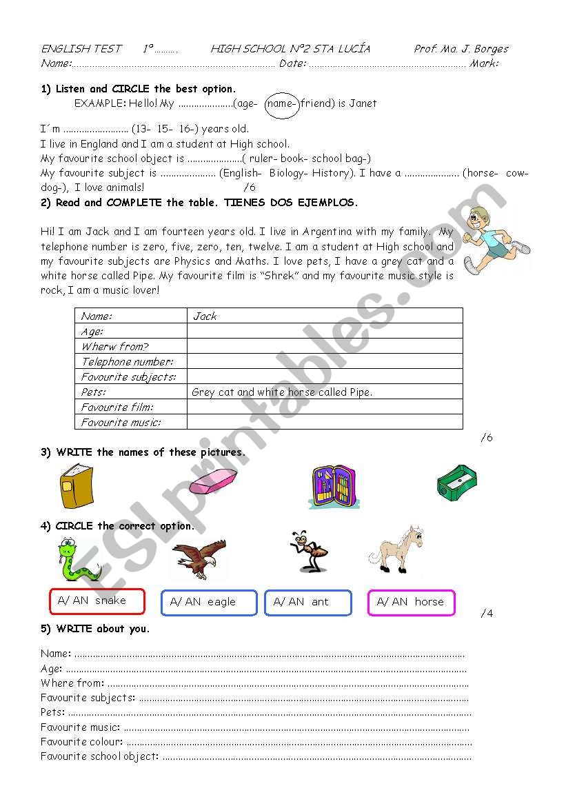 TEST  elementary worksheet