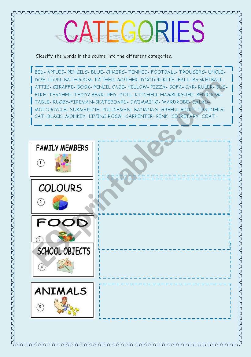 Categories worksheet