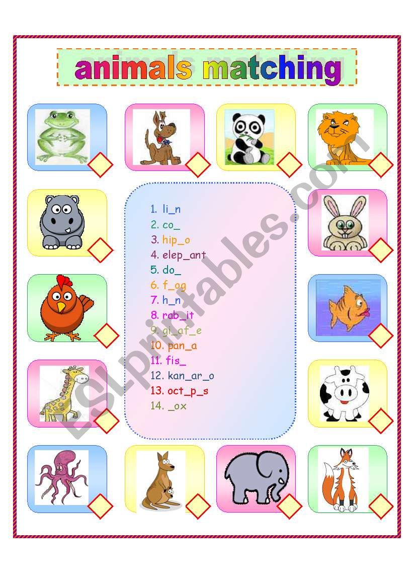 Animals (spelling + matching) worksheet