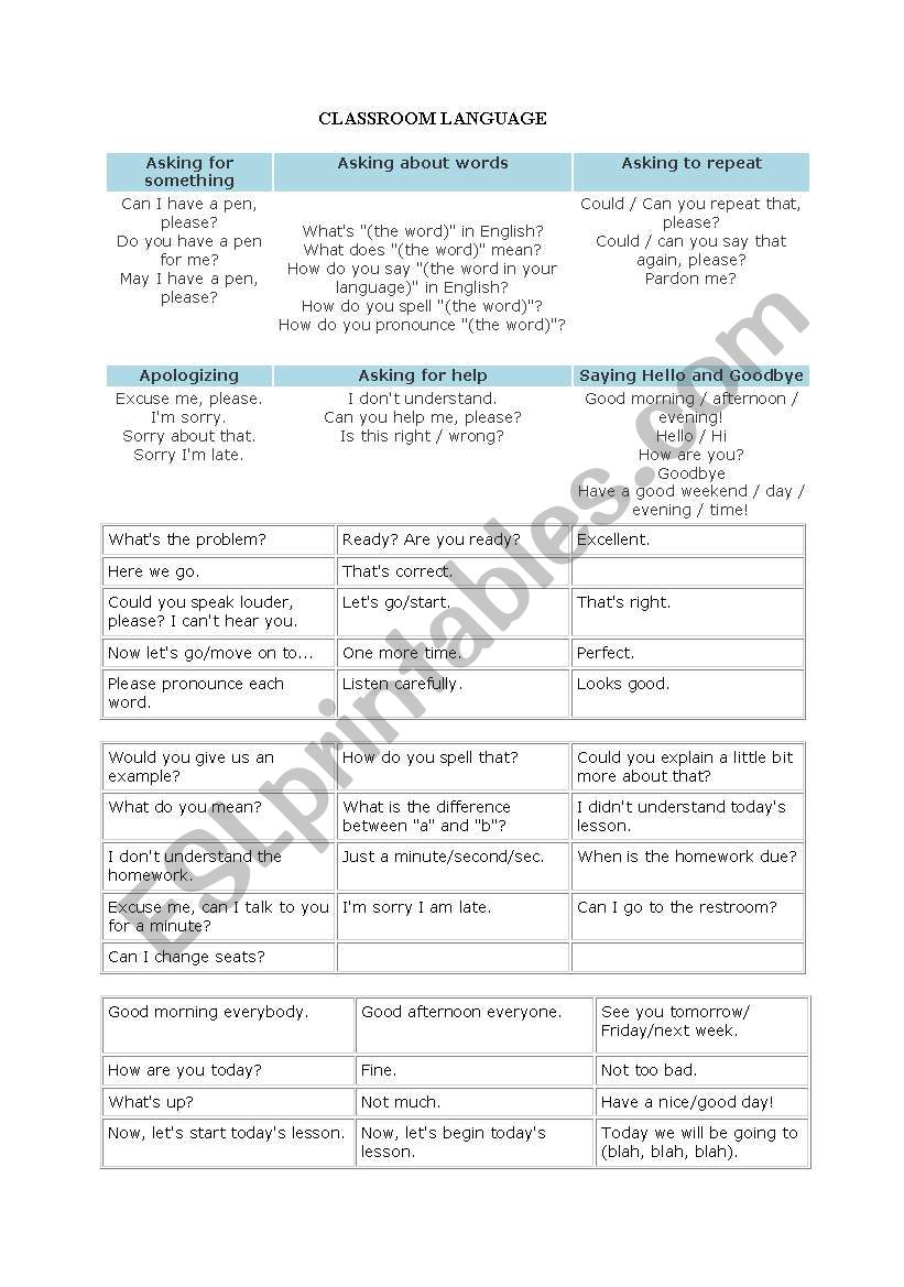 classroom language worksheet