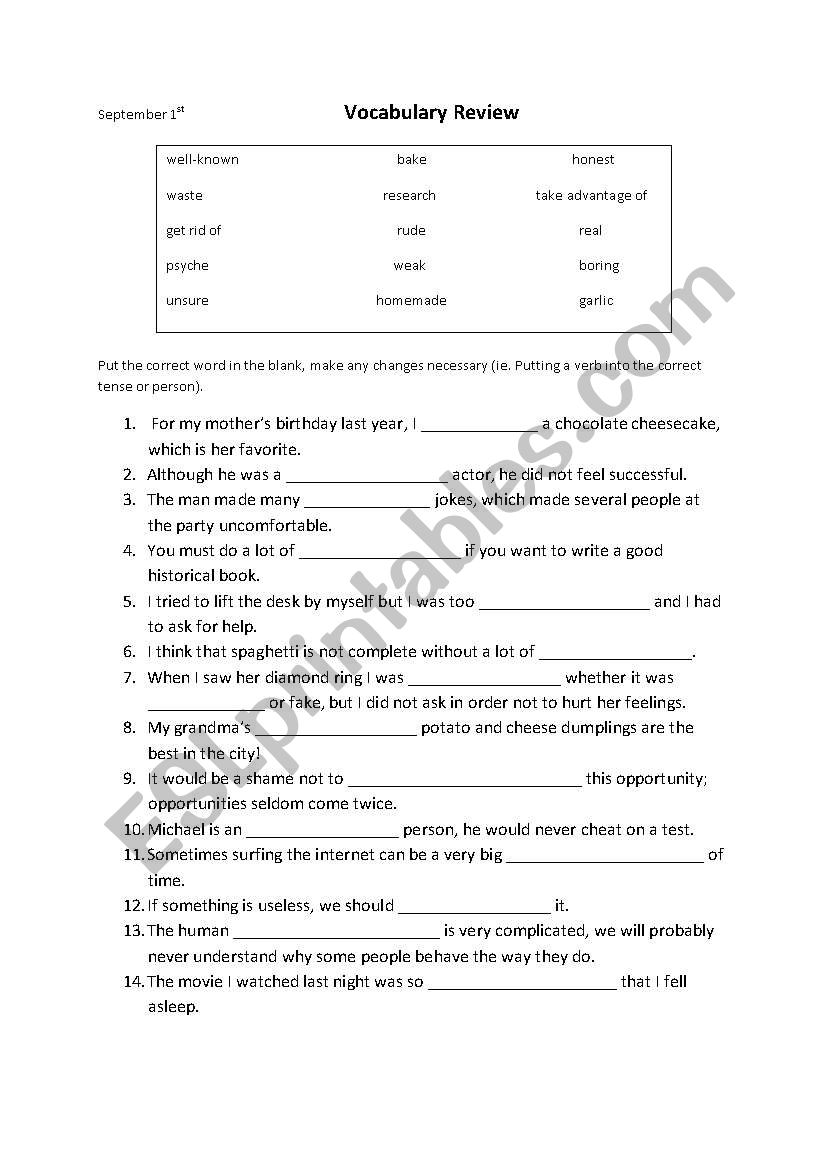 Vocabulary Exercise worksheet