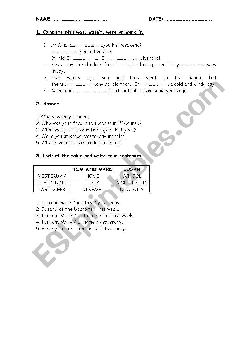 SIMPLE PAST OF THE VERB BE worksheet