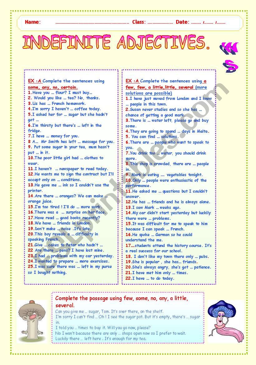 Indefinite Pronouns And Adjectives Worksheets