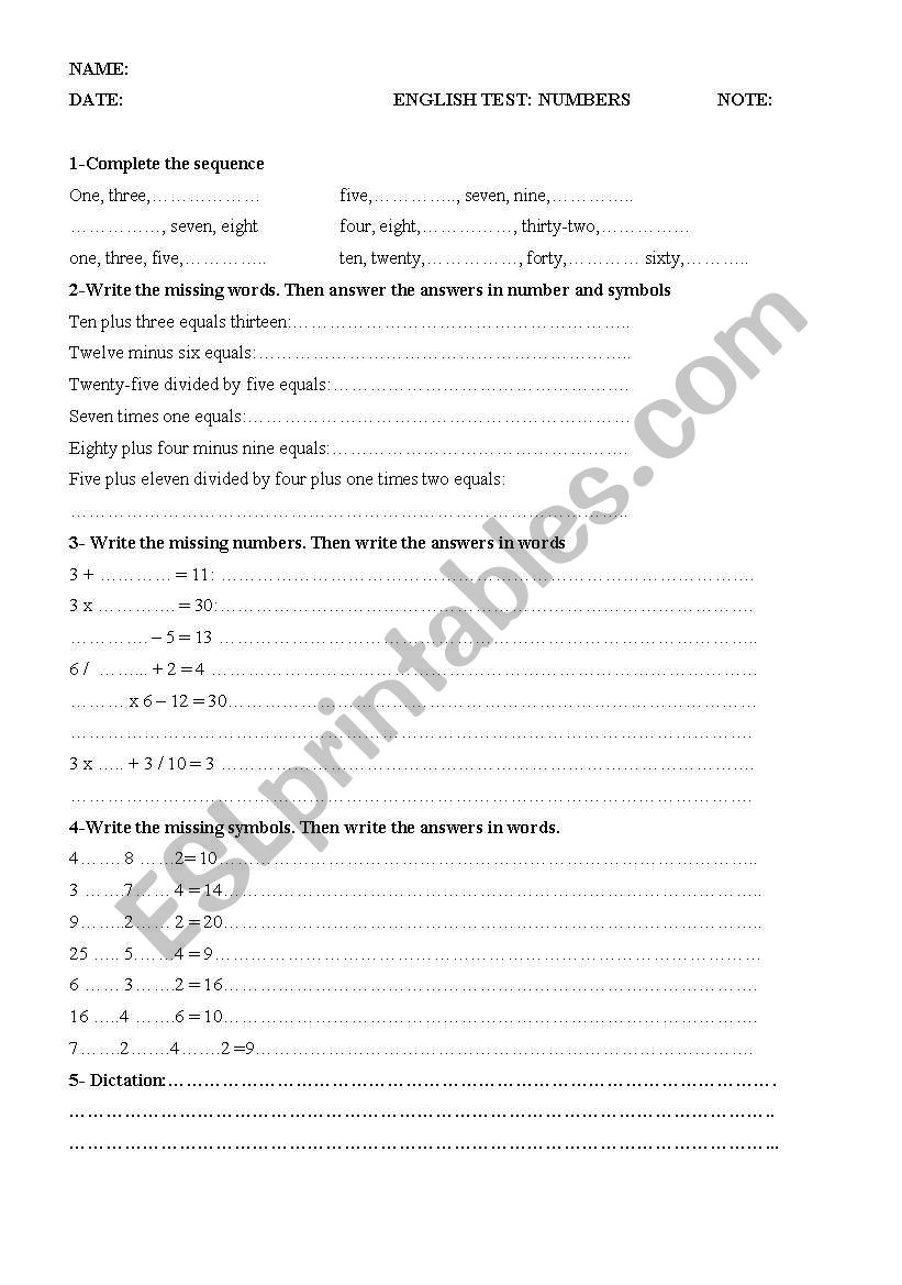 numbres worksheet