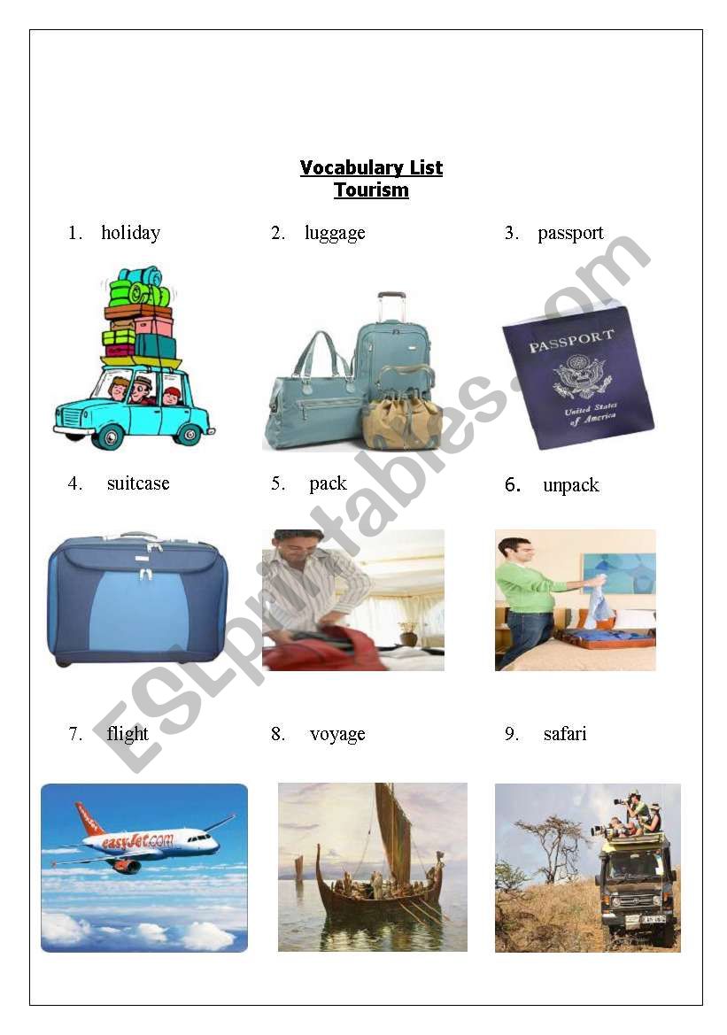 Vocabulary sheet about travel and Tourism