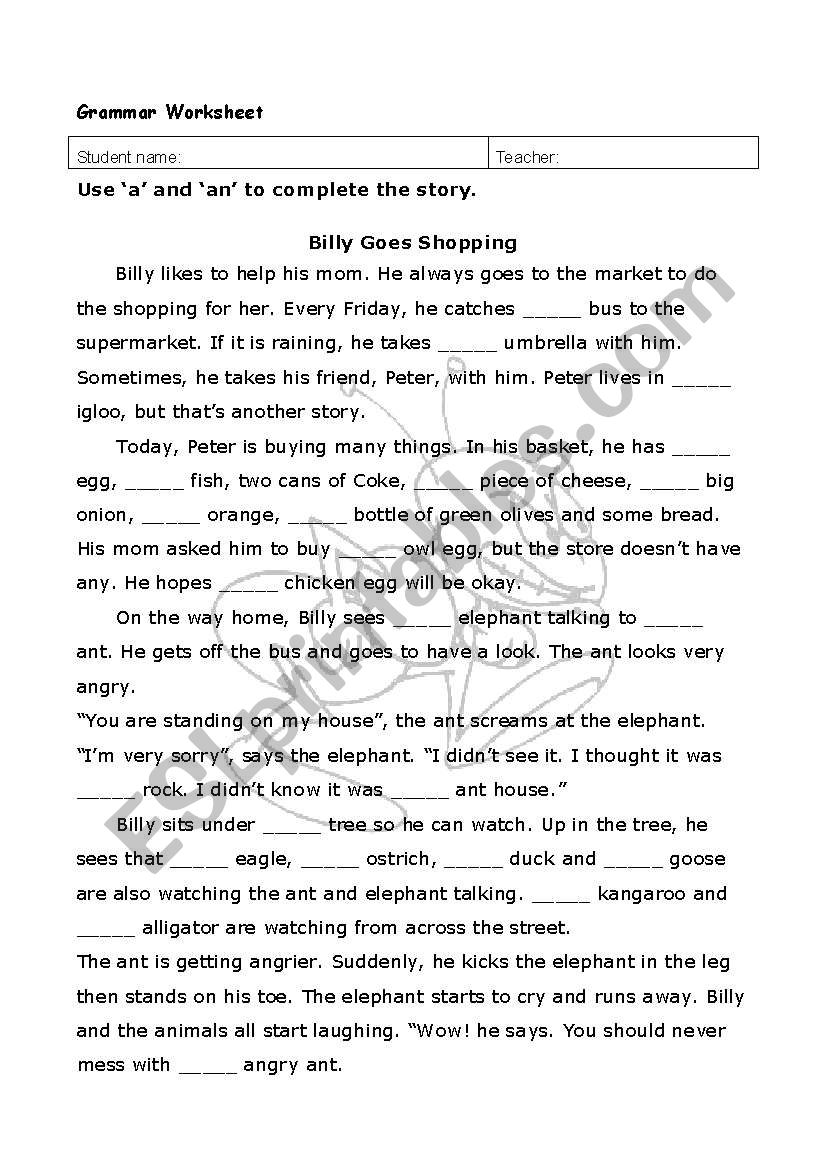 Articles Story worksheet