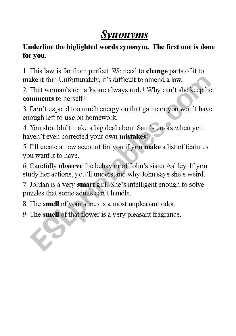 Synonyms worksheet Synonyms worksheet