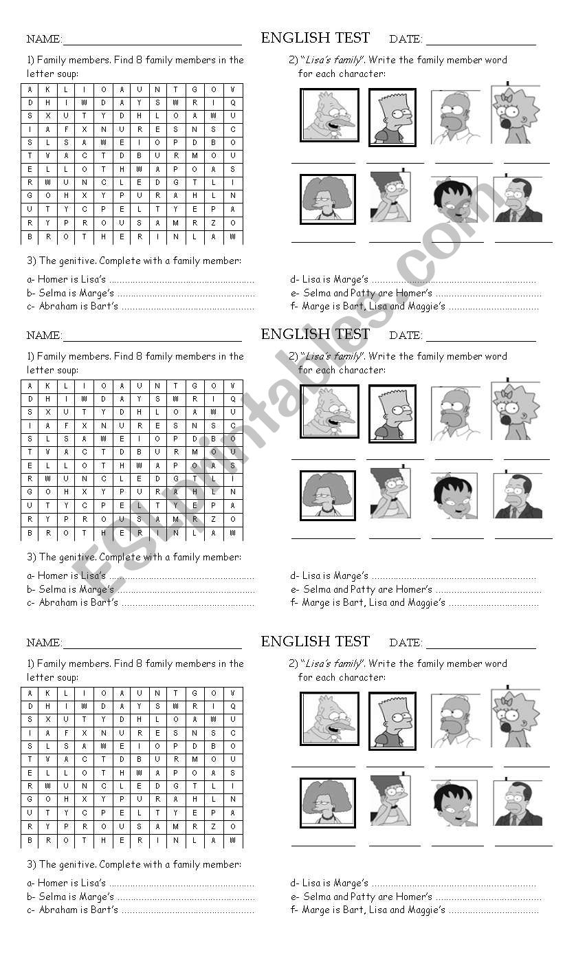 Family test worksheet