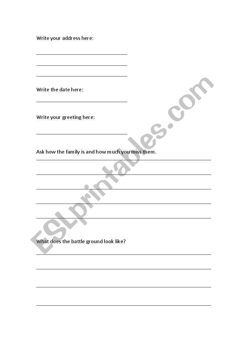 English worksheets: Letter from a soldier in the First World War