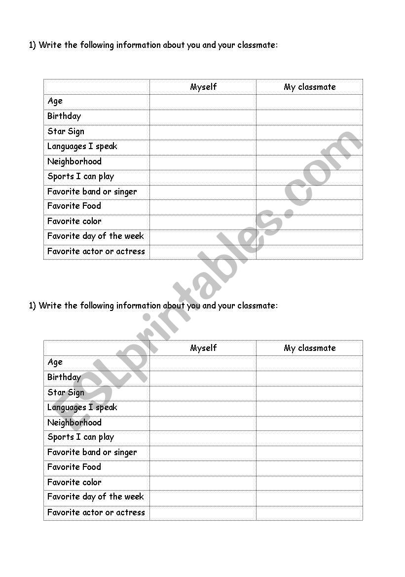 Getting to Know each other worksheet