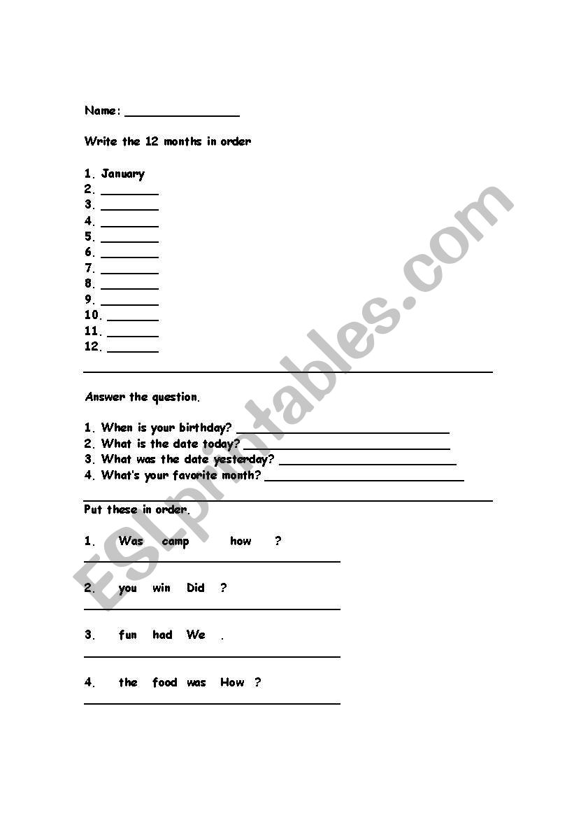 Months worksheet