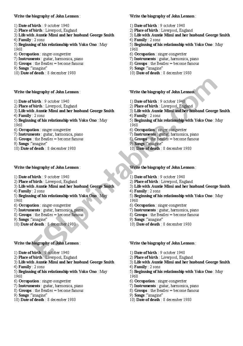 biographies worksheet