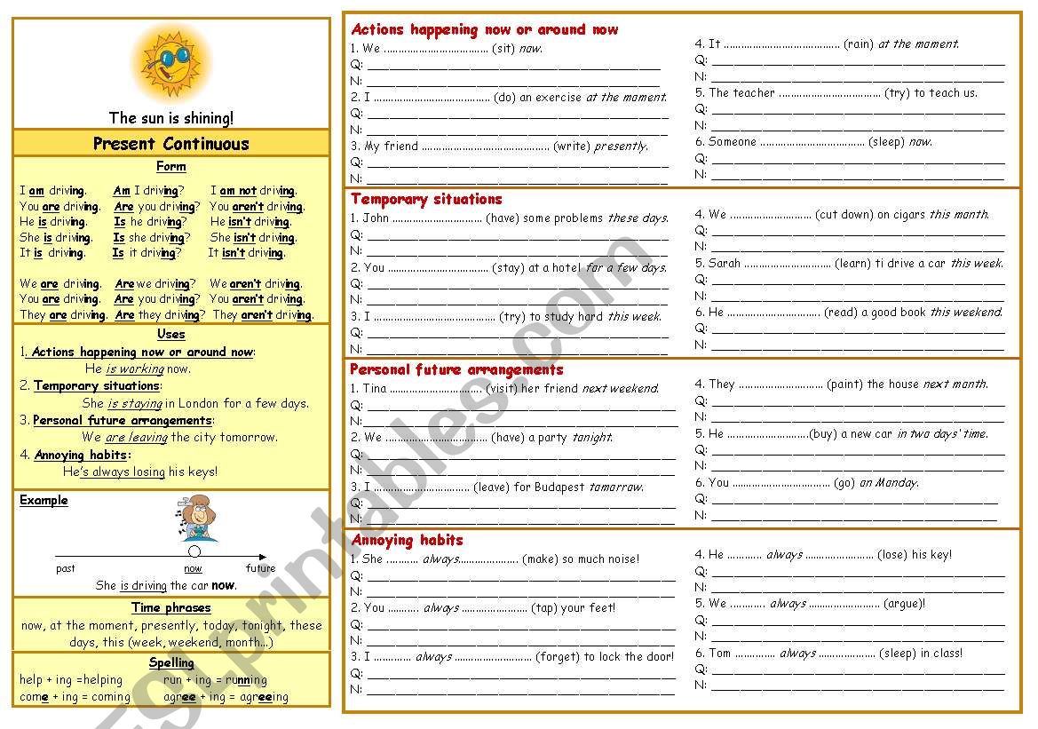 Tenses (3) - Present Continuous - all about it (B&W) - an extended version of my older WS, fully editable